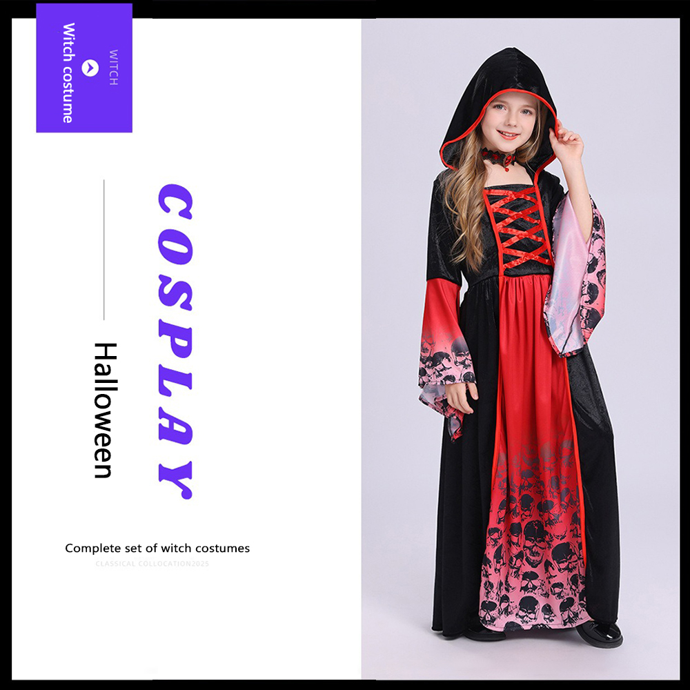 Women'S Red Formal Wear - Czerwono-czarny kostium czarownicy z kapturem, długa