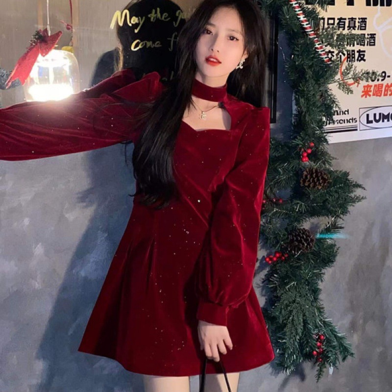 Women'S Red Formal Wear - Fine Sparkling Velvet Dress Women Autumn